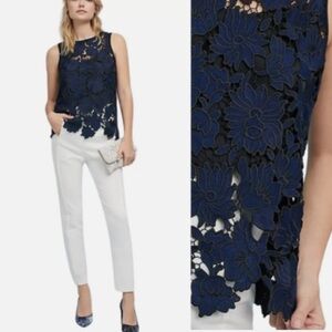 Anthropologie Postage Stamp Koria Navy Front Lace Overlay/Black Back Top M NWOT
